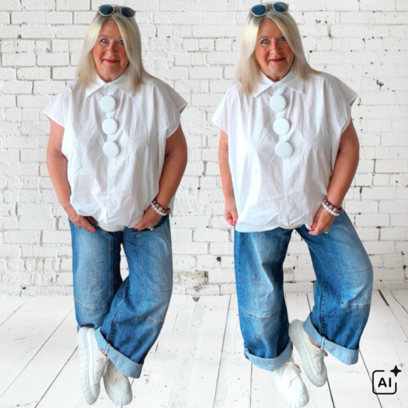 ärmellose Bluse "BOBBY" mit 3 großen Knöpfen, weiß