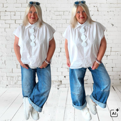 ärmellose Bluse "BOBBY" mit 3 großen Knöpfen, weiß