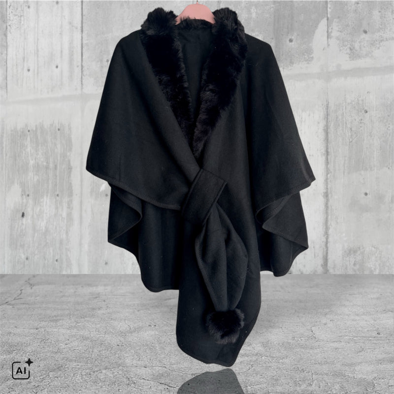 Poncho "FLY OUT" mit Fake Fur, schwarz