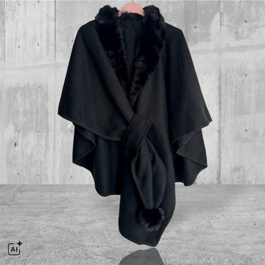 Poncho "FLY OUT" mit Fake Fur, schwarz