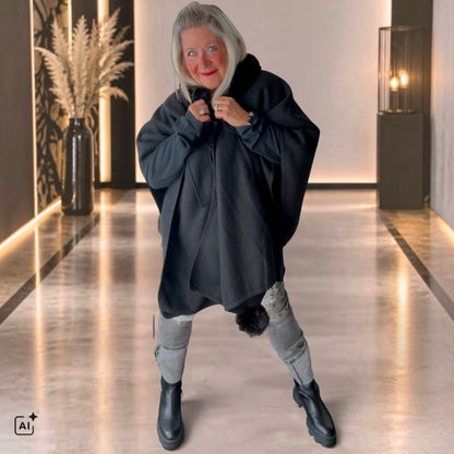 Poncho "FLY OUT" mit Fake Fur, schwarz