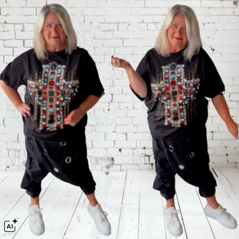 ROSE T-Shirt "DIAMOND CROSS" mit Strass, schwarz
