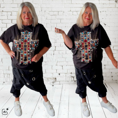 ROSE T-Shirt "DIAMOND CROSS" mit Strass, schwarz