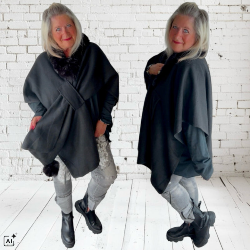 Poncho "FLY OUT" mit Fake Fur, schwarz