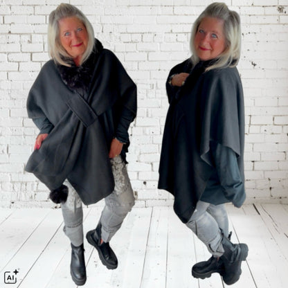Poncho "FLY OUT" mit Fake Fur, schwarz