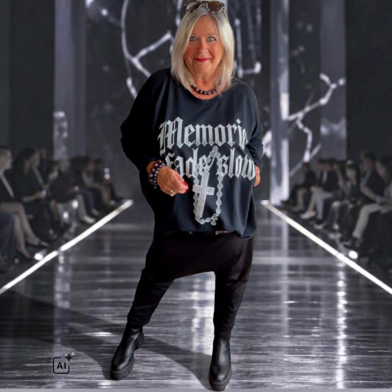 Sweater "MEMORIES" mit Glitzer, schwarz