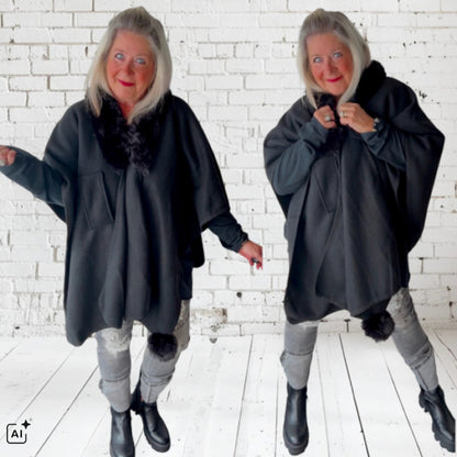 Poncho "FLY OUT" mit Fake Fur, schwarz