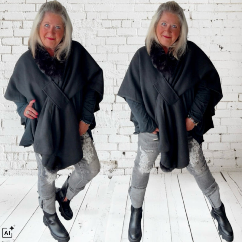 Poncho "FLY OUT" mit Fake Fur, schwarz