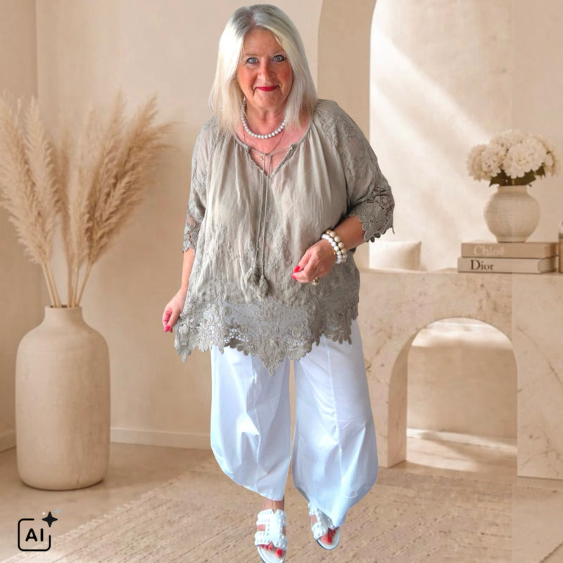 leichte Bluse "IBIZA" mit Spitze, taupe