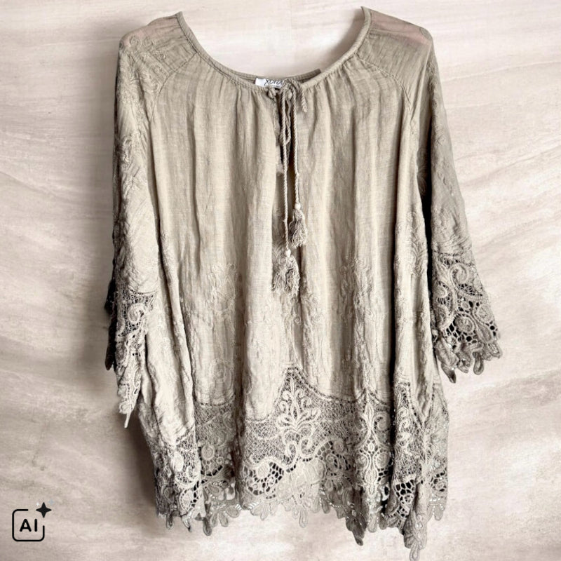 leichte Bluse "IBIZA" mit Spitze, taupe