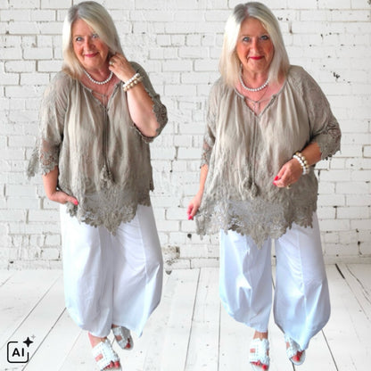leichte Bluse "IBIZA" mit Spitze, taupe