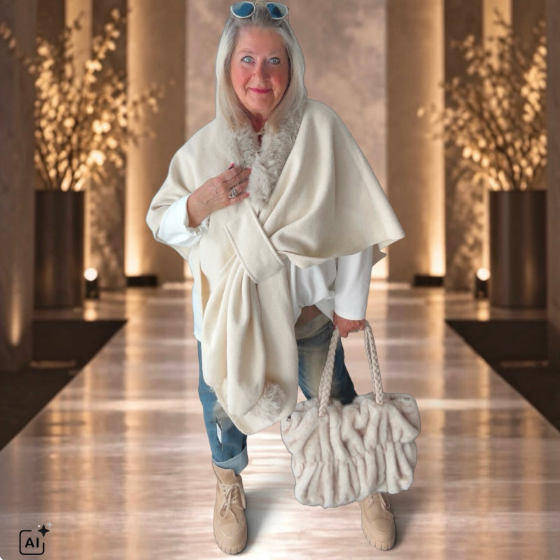 Poncho "FLY OUT" mit Fake Fur, ecru