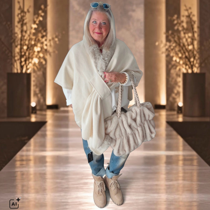 Poncho "FLY OUT" mit Fake Fur, ecru