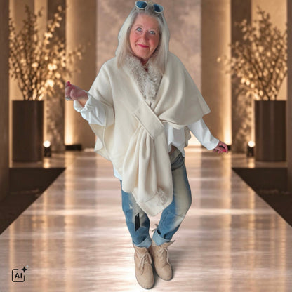 Poncho "FLY OUT" mit Fake Fur, ecru