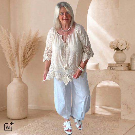 leichte Bluse "IBIZA" mit Spitze, vanille