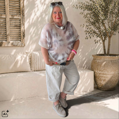 Kurzarm Pullover "BATIK" mit Mohair, beige
