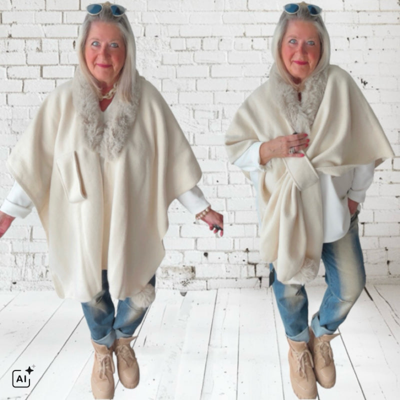 Poncho "FLY OUT" mit Fake Fur, ecru