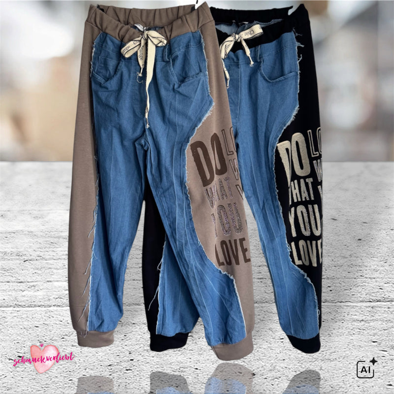 Jeans Sweat Hose "DO WHAT YOU LOVE" mit Strass