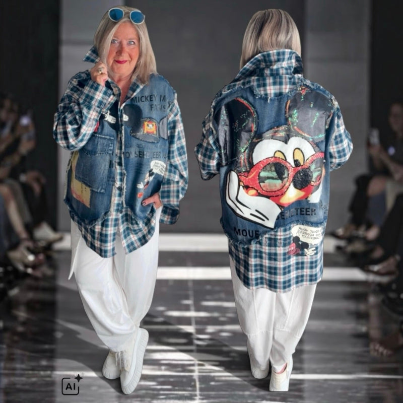 ROSE Flanell/Denim Hemd/Jacke "MOUSE", kariert mit Pailetten