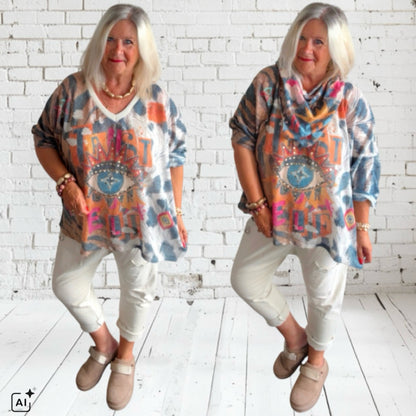 leichter Strickpulli "OPEN EYE" mit Schal
