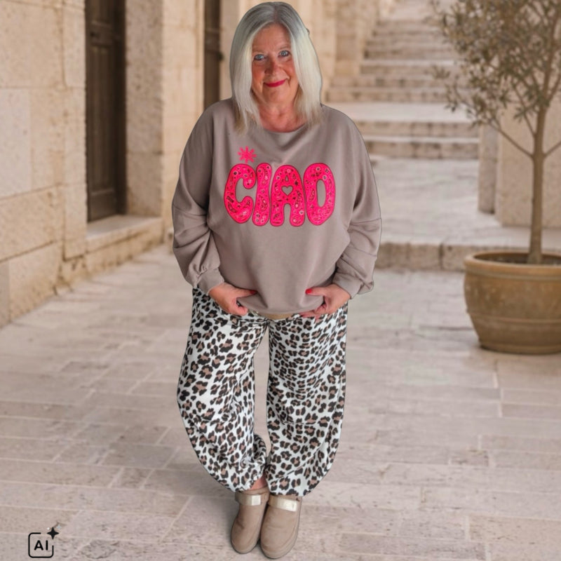 Sweater "CIAO", taupe/neonpink