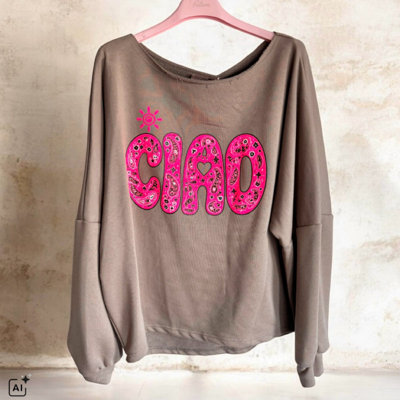 Sweater "CIAO", taupe/neonpink