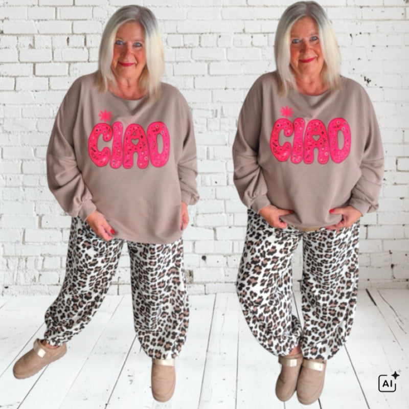 Sweater "CIAO", taupe/neonpink