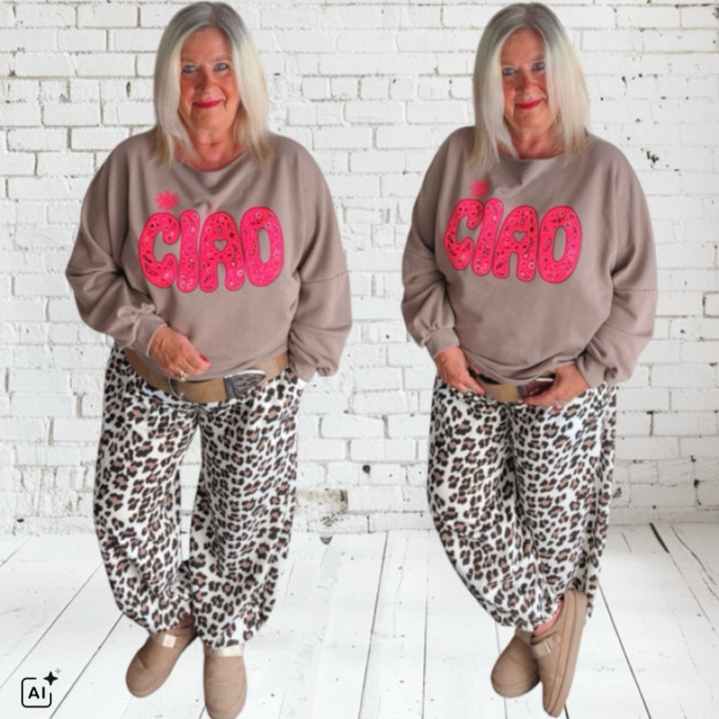 Sweater "CIAO", taupe/neonpink