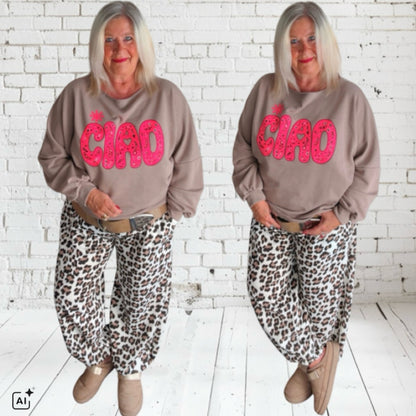Sweater "CIAO", taupe/neonpink