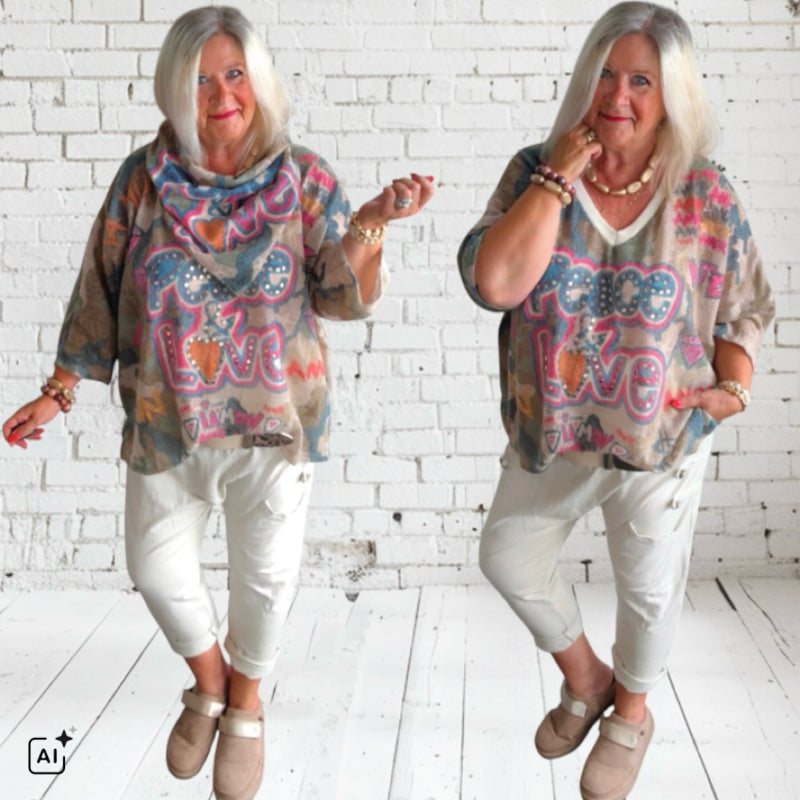 leichter Strickpulli "PEACE&LOVE" mit Schal