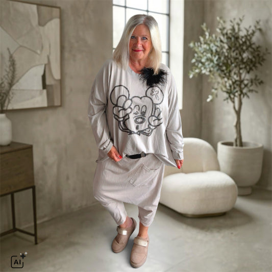 oversized Langarm Shirt "MOUSE", beige