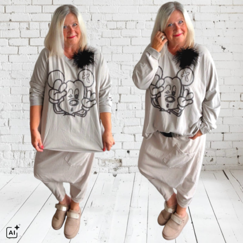 oversized Langarm Shirt "MOUSE", beige (lieferbar ab ca. 09.09.)