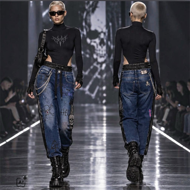 ROSE Jeans "SKULL" mit Strass und Ketten