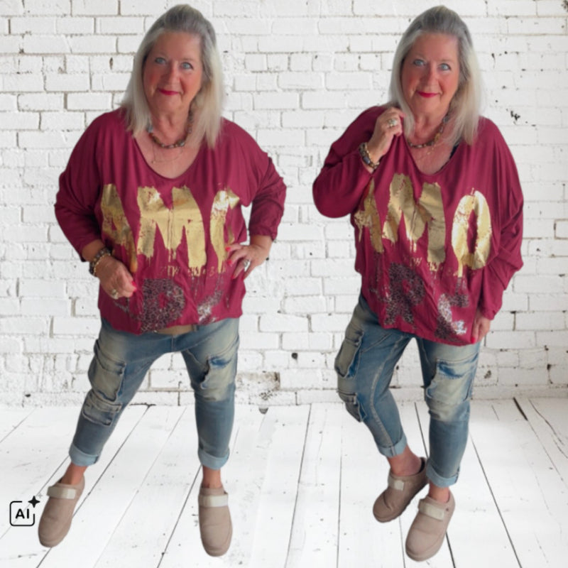 Viskose Langarm Shirt "AMORE", bordeaux