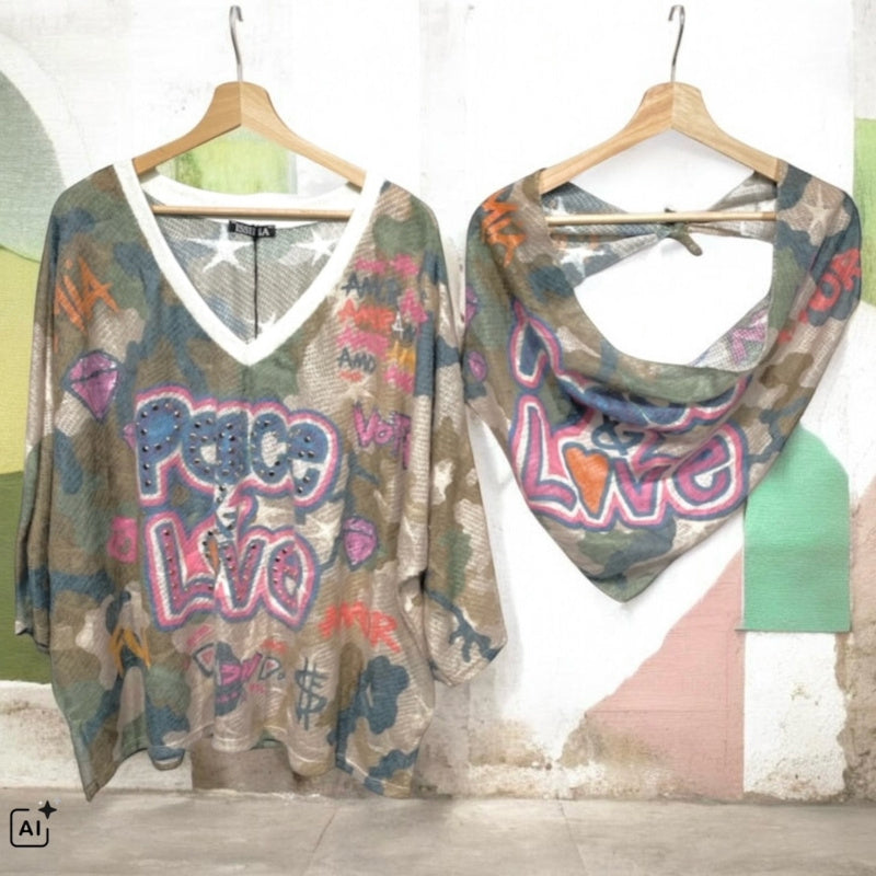 leichter Strickpulli "PEACE&LOVE" mit Schal