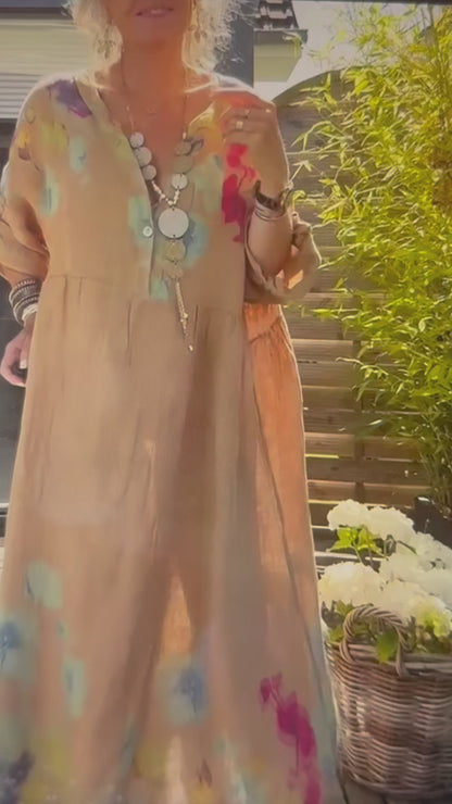 Leinen Maxikleid "FLOWERS", camel